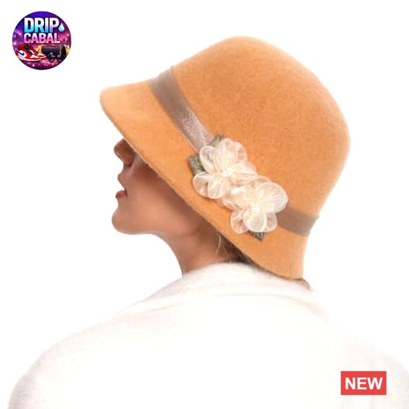 Wool Felt Floral Bucket Hat, Vintage Cloche Fedora for Women